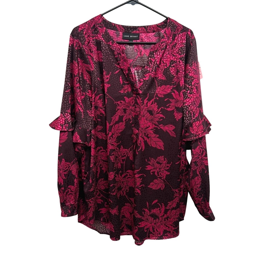 Lane Bryant Floral Blouse 18/20 Pink Burgundy V-Neck‎ Ruffle Cuff Stretch